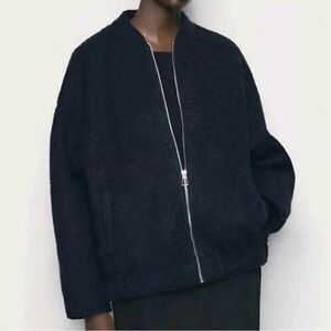 Zara Navy Boucle Teddy Textured Oversized Bomber Jacket